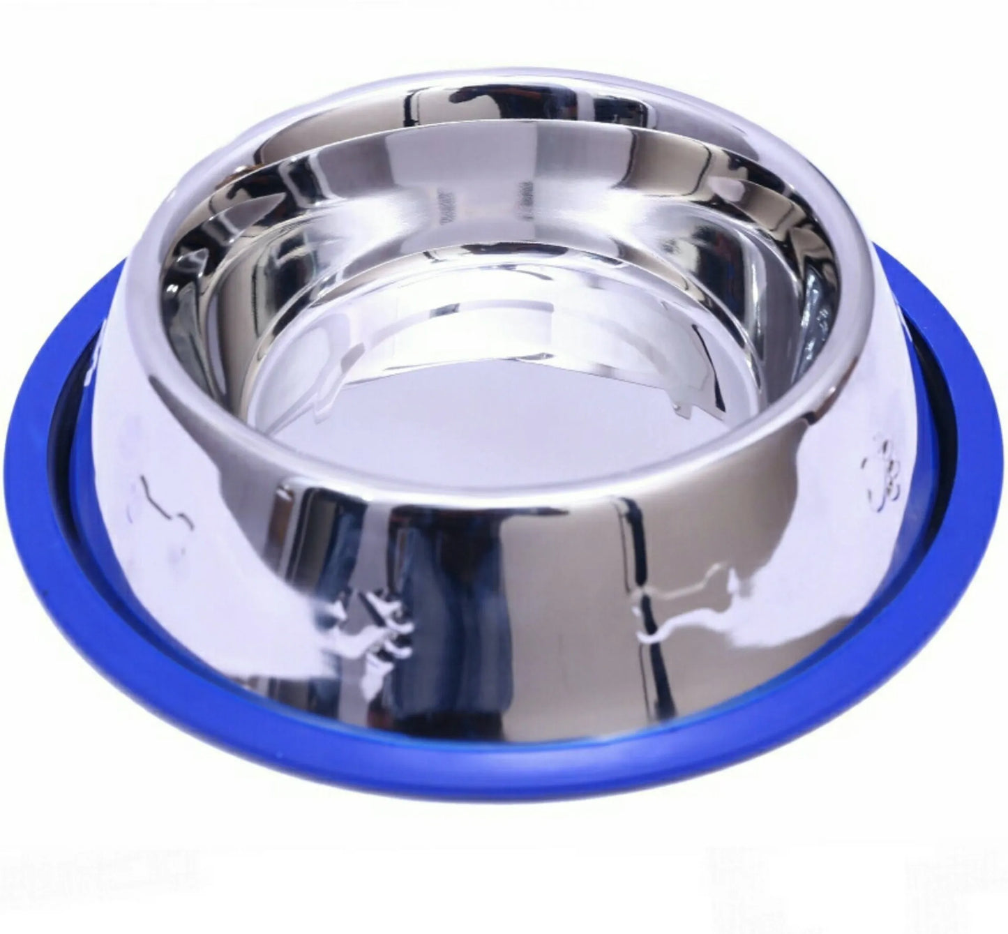 Etched Stainless Steel Dog Bowls with Blue Silicone Base